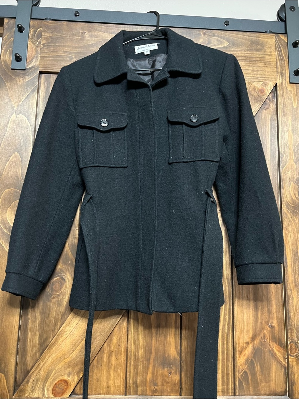 VTG Jonathan Michael Black Wool Utility Belted Coat Jacket Size M